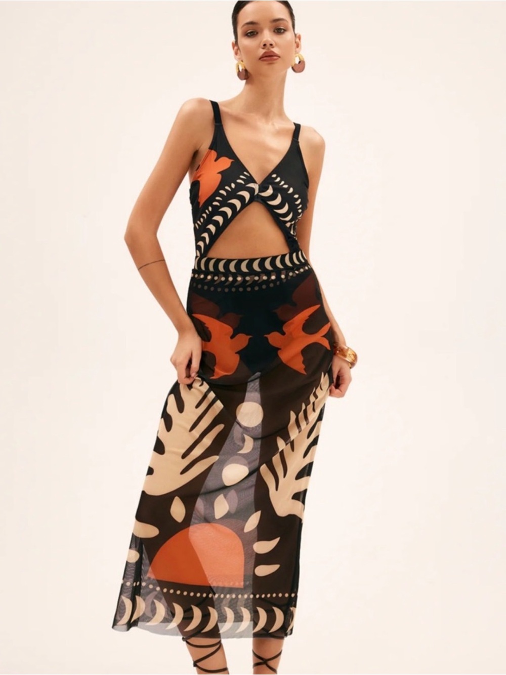 Commense Bird Print Cutout One Piece Swimsuit w/Matching Sarong Set - Picture 1 of 4